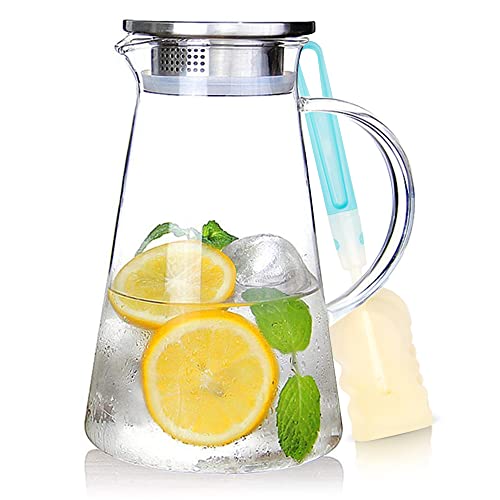 SUSTEAS 2.0 Liter 68oz Glass Pitcher with Lid, Easy Clean Heat Resistant Glass Water Carafe with Handle for Hot/Cold Beverages - Water, Cold Brew, Iced Tea & Juice, 1 Free Long-Handled Brush Included