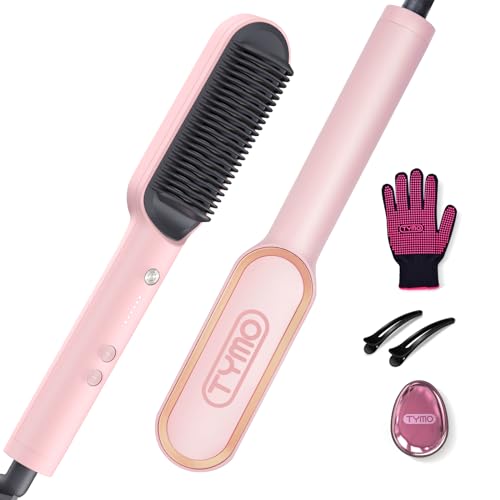 TYMO Ring Hair Straightener Brush – Hair Straightening Iron with Built-in Comb, 20s Fast Heating & 5 Temp Settings & Anti-Scald, Perfect for Professional Salon at Home, Sakura Pink