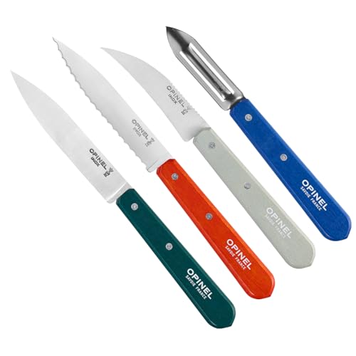 Opinel Les Essentials - Small Kitchen 4 Piece Knife Set - Paring Knife, Serrated Knife, Peeler, Vegetable Knife, Corrosion Resistant High Carbon Steel, Made in France (Primo)