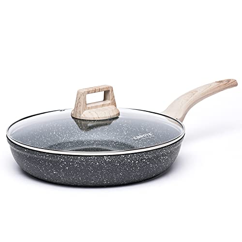 CAROTE Nonstick Frying Pan Skillet,8' Non Stick Granite Fry Pan with Glass Lid, Egg Pan Omelet Pans, Stone Cookware Chef's Pan, PFOA Free (Classic Granite, 8-Inch)