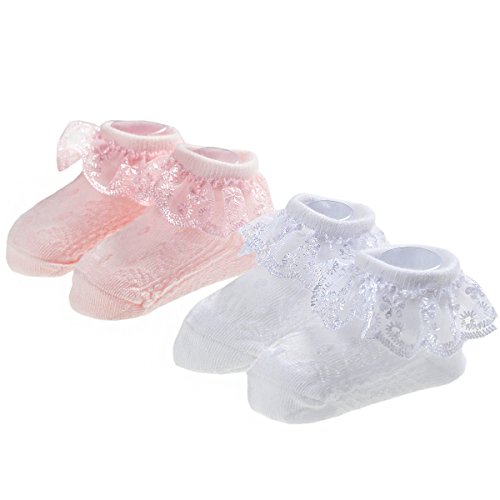 EPEIUS Baby-Girls Eyelet Frilly Lace Socks Infant Girl Princess Ankle Socks White Pink (Pack of 2) 6-12 Months