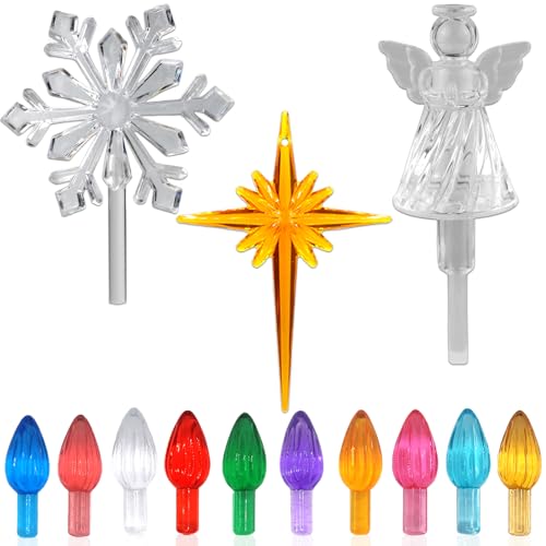 110Pcs in 10 Colors Ceramic Christmas Tree Replacement Bulbs - Plastic Lights Pegs, Included Angel Topper＆Snowflake Top＆Cross Stars.