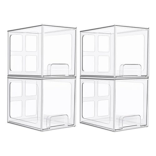 Vtopmart 4 Pack Stackable Storage Drawers, 6.6''Tall Acrylic Bathroom Makeup Organizers,Clear Plastic Storage Bins For Vanity, Undersink, Kitchen Cabinet,Pantry Organization and Storage