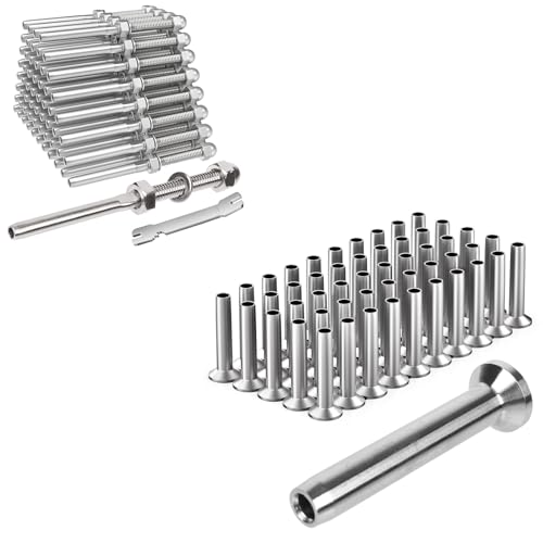 BLIKA 50 Pack 1/8' Cable Railing Swage Threaded Stud Tensioner and 50Pack 1/8' Stainless Steel Stemball Swage Dead Ends