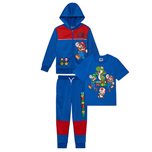 Nintendo Super Mario Boys 3-Piece Set, Super Mario Zip-Up Hoodie, T-shirt, & Pants 3-Pack Bundle Set for Boys (Blue, Size 7)