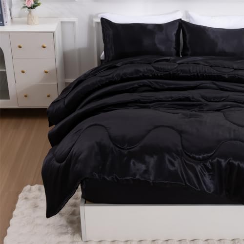 A Nice Night Satin Silky Soft Quilt Luxury Super Soft Microfiber Bedding Thin Comforter Set Full/Queen, Light Weighted (Black, Queen)