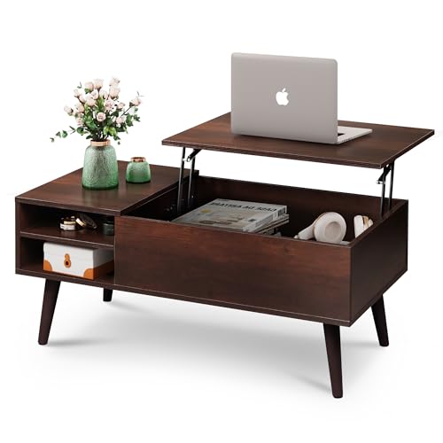 WLIVE Lift Top Coffee Table for Living Room,Small Coffee Table with Storage,Hidden Compartment and Adjustable Shelf,Mid Century Modern, Wood,Cherry,Espresso.