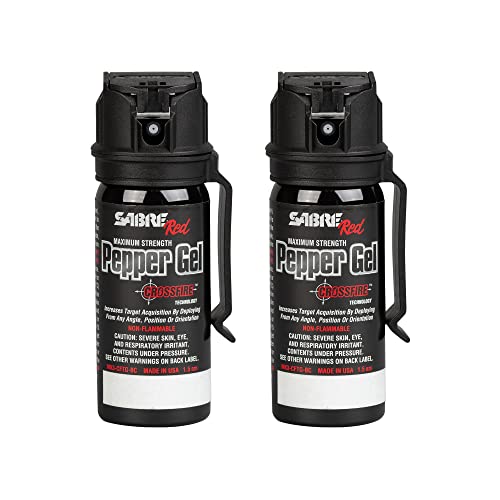 SABRE Crossfire Pepper Gel for Self Defense, Deploys At Any Angle, Maximizes Target Acquisition Against Threats, Easy Carry Belt Clip Safety Flip Top, Max Police Strength Pepper Spray 1.5 fl oz 2 Pack