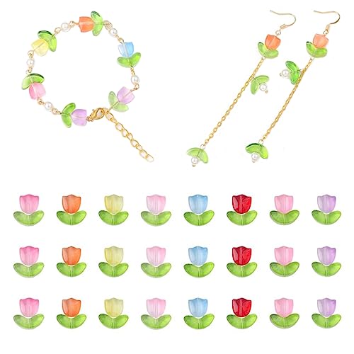 hzskeqpy Beads Bead Assortments DIY Bracelet Bead Tulip Flower Bead Translucent Loose Glass Bead for Jewelry Making Without Needle 100PCS