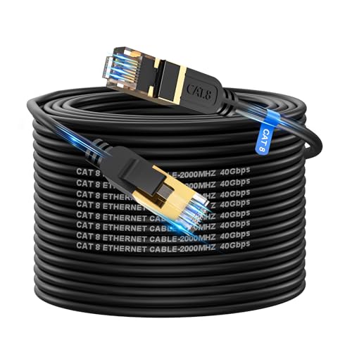 Cat 8 Ethernet Cable, 100FT High Speed Heavy Duty 26AWG Cat8 LAN Network Cable 40Gbps, 2000Mhz with Gold Plated RJ45 Connector, Outdoor&Indoor Internet Cable Compatible for Router Gaming Modem Xbox