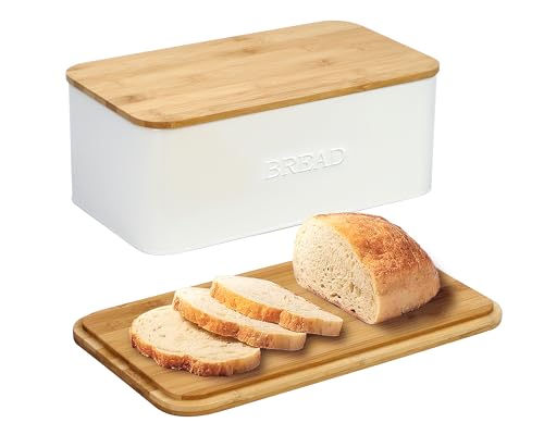 OUTSHINE White Bread Box for Kitchen Countertop, Bread Box with Cutting Board Lid, White Bread Box, Small Bread Box, Bread Bin, Bread Holder for Kitchen Counter