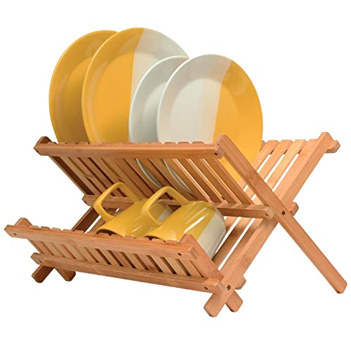 Bambüsi Bamboo Dish Drying Rack - Collapsible 2-Tier Dish Drainer Kitchen Plate Rack for Kitchen Countertop - Foldable & Compact for Space-Saving Storage