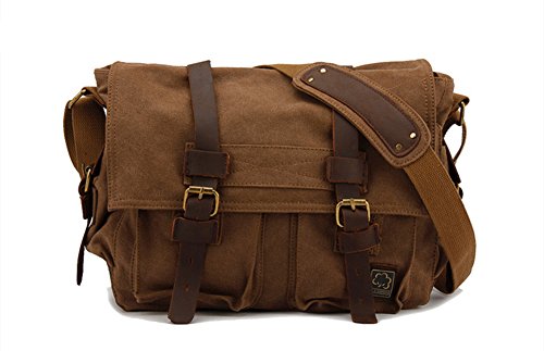 Sechunk Vintage Military Leather Canvas Laptop Bag Messenger Bags Large