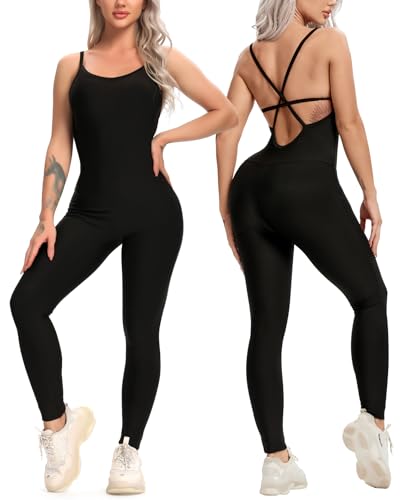 KIWI RATA Womens Sexy Bodycon Backless Jumpsuit Workout One-Piece Cacual Sculpted Bodysuit Sport Romper