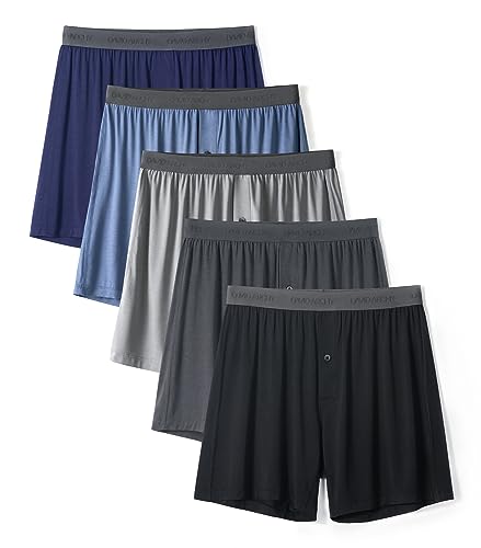 DAVID ARCHY Mens Underwear Bamboo Rayon Boxers for Men Breathable and Cool Men's Boxer Shorts with Button Fly 5 Pack (M,Light Blue/Navy Blue/Black/Gray/Dark Gray)
