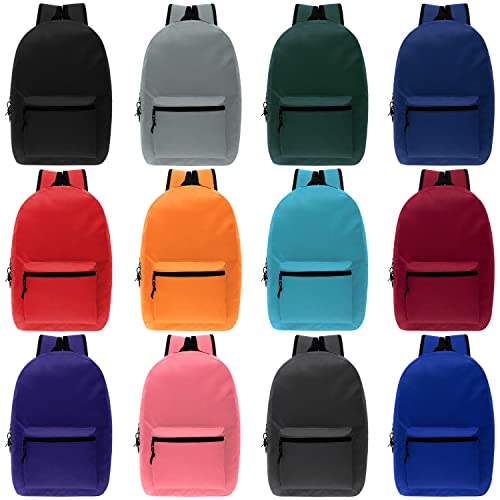 24-Pack 15' School Backpacks for Kids - Backpacks in Bulk for Elementary, Middle, and High School Students, 12 Assorted Colors