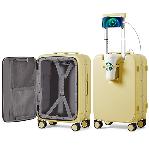 mixi Carry On Luggage with Cup Phone Holder and Charger Hard Shell Suitcases with Spinner Wheels,20 Inch Lark Yellow