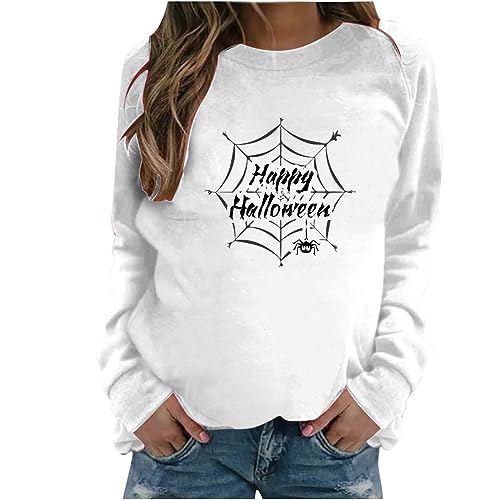 symoid halloween hoodies Women Halloween Sweatshirts 2023 Happy Halloween Funny Long Sleeve Tops Crewneck Spider Web Print Gothic Trendy Shirts White XL