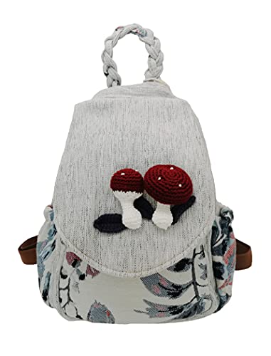 HUANGGUOSHU Women Cotton Woven Hippie Hemp Boho Canvas Embroidery Multi Pocket Retro Cute Backpack Wallet Backpack（Mushroom）