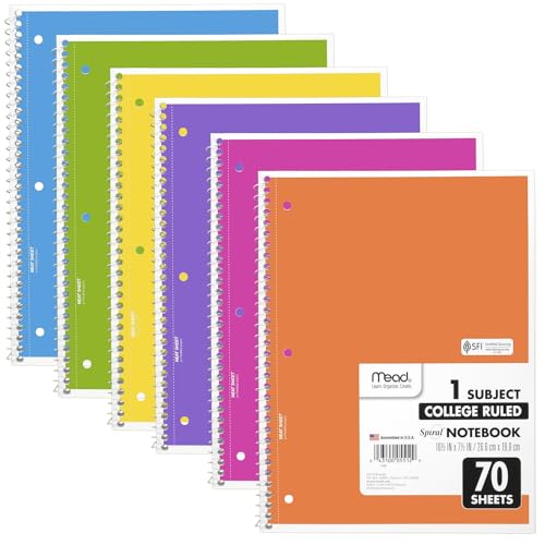 Mead Spiral Notebooks, 6 Pack, 1-Subject, College Ruled Paper, 8' x 10-1/2', 70 Sheets, Assorted Bright Colors (830050-ECM)
