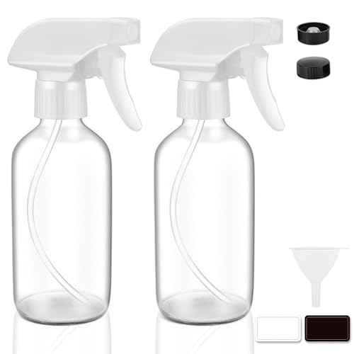 Tecohouse Glass Spray Bottle 8 oz, Clear Small Empty Refillable Sprayer Container with Labels, Funnel, Lids, Graduated Pipettes - Handheld Size