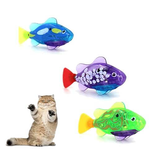 Robot Fish, 3PCS Interactive Fish Toy for Cat - Mini Lifelike Robotic Fish Activated Swimming in Water with LED Light to Stimulate Your Cat's Hunter Instincts (Battery Included) (Random Color)