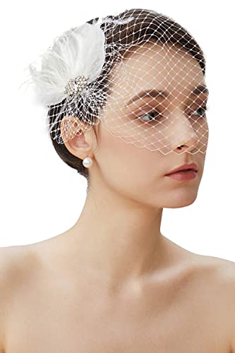BABEYOND Veil Fascinator Hat for Women Feather Fascinators Hair Clip with Removable Veil Tea Party Hat Bridal Wedding