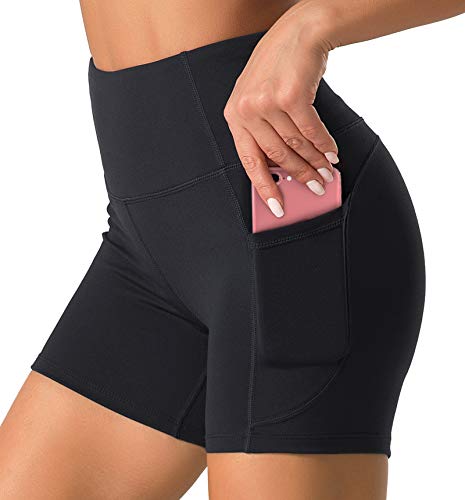 Dragon Fit High Waist Yoga Shorts for Women with 2 Side Pockets Tummy Control Running Home Workout Shorts(Medium, Black)