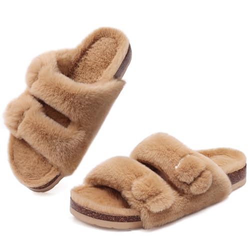 KIDMI Fuzzy Slippers Women with Cork Footbed Fluffy Slides Open Toe Indoor House Shoes | Arch Support | Adjustable Buckles, Khaki 8-8.5