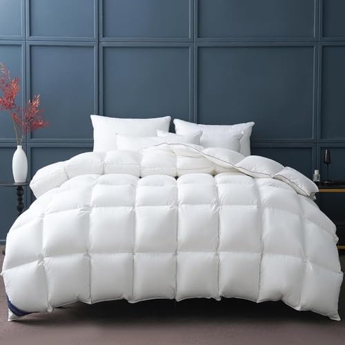 DOWNCOOL Goose Down Comforter Queen Size - 750 Fill Power Duvet Insert - Ultra Soft Hotel Collection Comforter - All Season White Queen Down Comforter - Queen 90 x 90 Inch