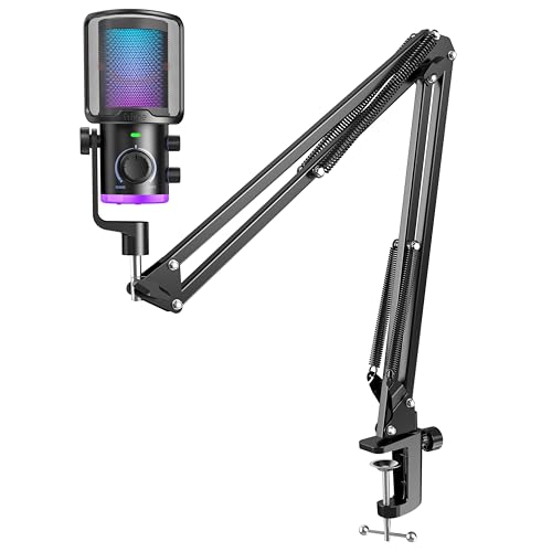 FIFINE Streaming Computer Microphone with Mic Boom Arm Set, Gaming USB Desktop Mic with RGB,Mute Button Bundle, Metal Mic Stand with Heavy Duty Clamp,3/8' to 5/8' Adapter for Recording,Studio(AM6+CS1)