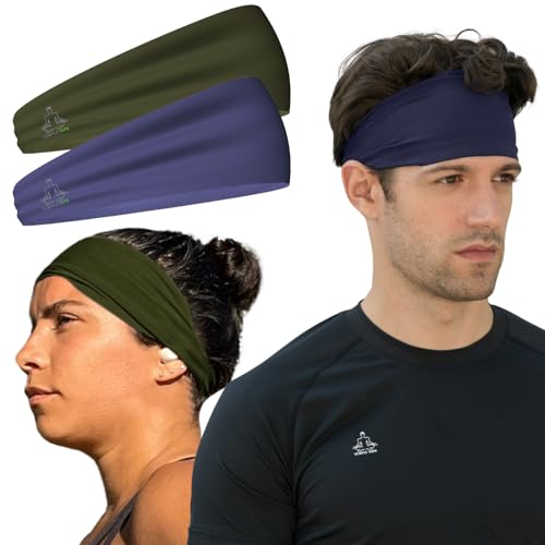 Temple Tape, Value 2-Pack, Mens Headband - Guys Sports Headbands Moisture Wicking Workout Sweatbands for Running, Cross-Train, Skiing and Bike Helmet Friendly 1-OD Green & 1-Navy Sweatband