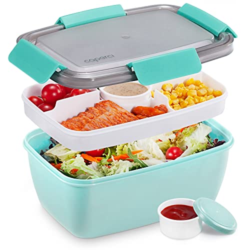 Caperci Large Salad Container Bowl for Lunch - Better Adult Bento Lunch Box 68 oz, 5-Compartment Tray, 2pcs 3-oz Sauce Cups, Stackable, BPA-Free (Aqua Sky)