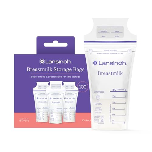 Lansinoh Breastmilk Storage Bags, 100 Count, Easy to Use Breast Milk Storage Bags for Feeding, Presterilized, Hygienically Doubled-Sealed for Refrigeration and Freezing, 6 Ounce