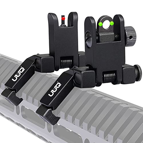 UUQ 45 Degree Offset Fiber Optic Iron Sights,Flip Up Front Rear Sites with Red&Green Dot,BUIS Backup Sight Set， Tool-Free Adjustable Front Sight Rapid Transition,Fits Picatinny and Weaver Rails