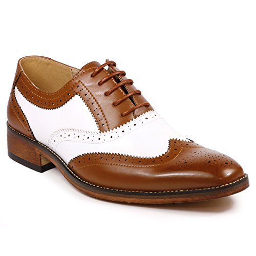 Metrocharm MC118 Men's Two Tone Perforated Wing Tip Lace Up Oxford Dress Shoes (11, Tan Brown White)