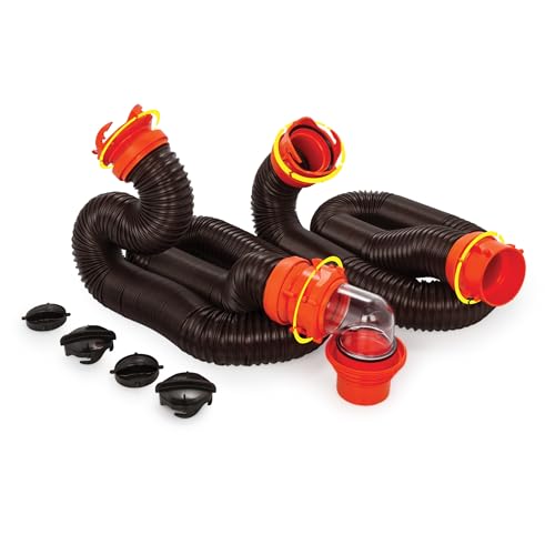 ﻿﻿Camco RhinoFLEX 20' Camper/RV Sewer Hose Kit - Includes 4-in-1 Adapter, Clear Elbow, & Caps - Connects to 3″ Slip & 3″, 3 1/2″, 4″ NPT Threaded Sewer Connections (39742)