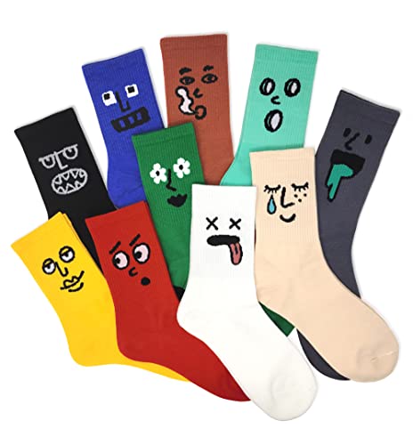 Meloday 10 PACK Crazy Funny Punky Face Crew Socks Soft Cotton - 10 hilarious designs and color per pack (Punky)
