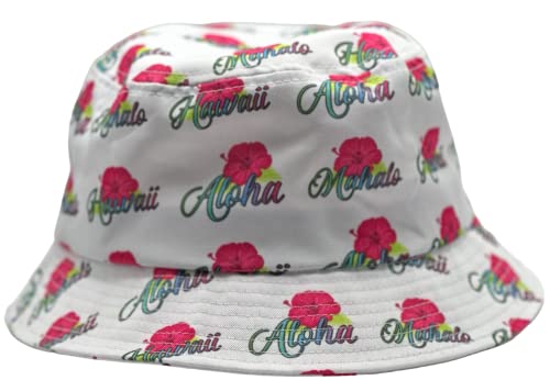 Aloha Designs - Hawaiian Hibiscus Bucket Hat with Colorful Aloha, Mahalo & Hawaii Print. This Hawaiian Hat Brings Island Paradise Vibes To Your Next Beach or Pool Day | Plus You Get One Aloha! (White)