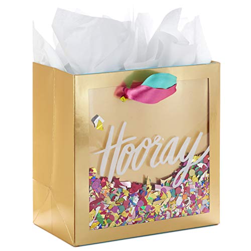 Hallmark Signature 7' Medium Gift Bag with Tissue Paper (Hooray; Gold with Pink, Teal, Purple Confetti) for Bridal Showers, Graduations, Retirements and More