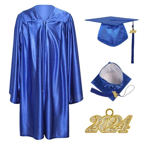 TopTie Unisex Shiny Preschool and Kindergarten Graduation Gown Cap Tassel Set 2024 Costume Robes for Baby Kids-Royal Blue-M