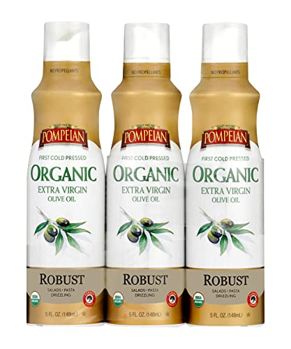 Pompeian USDA Organic Extra Virgin Olive Oil Non-Stick Cooking Spray, Full-Bodied, Perfect for Salads & Pasta, Naturally Gluten Free, Non-Allergenic, Non-GMO, No Propellant, 5 FL. OZ., 3-Pack
