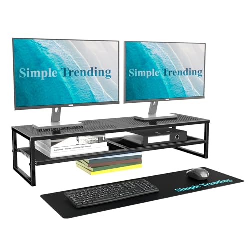 Simple Trending 2-Tier Metal Dual Monitor Stand Riser,Computer Office Desktop Organizer for 2 Monitors With 32'x10' Mouse Pad,for Laptop,Printer,TV,Black