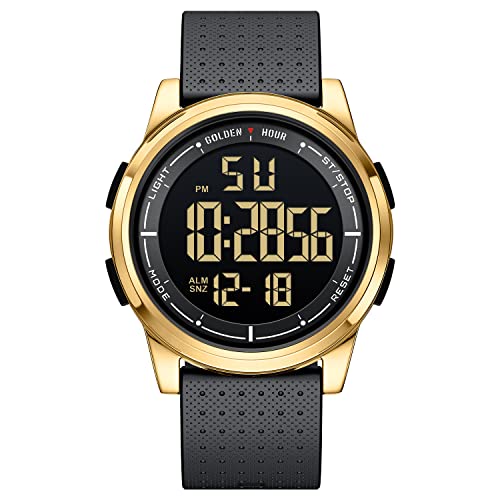 GOLDEN HOUR Ultra-Thin Minimalist Sports Waterproof Digital Watches Men with Wide-Angle Display Rubber Strap Alloy Steel Case Wrist Watch for Men Women in Gold