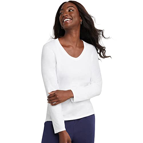 Hanes Women's Originals Long Sleeve Cotton T-Shirt, Lightweight V-Neck Tee, Modern Fit, White, Large, O9142