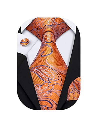 Barry.Wang Deasign Men Ties Orange Paisley Woven Silk Necktie Set Handkerchief Cufflinks Formal