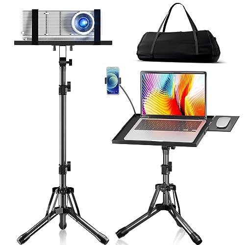Projector Stand Adjustable Height 20' to 61', Foldable Laptop Tripod Stand with Mouse Tray & Phone Holder, Portable Laptop Floor Stand for Office, Home, Stage, Studio, Podium, DJ Racks Holder Mount