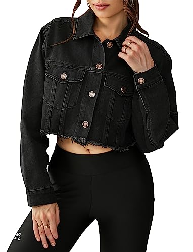 Tsher Women's Oversize Vintage Washed Denim Jacket Long Sleeve Classic Loose Jean Trucker Jacket D003 (L, Black Cropped Jacket)…