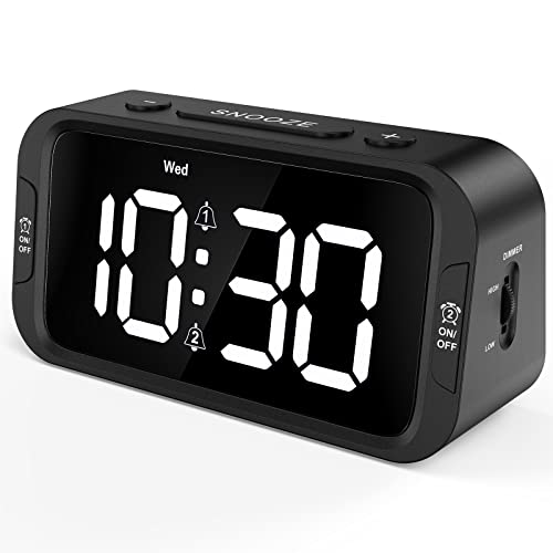 Odokee Digital Dual Alarm Clock for Bedroom, Easy to Set, 0-100% Dimmer, USB Charger, 5 Sounds Adjustable Volume, Weekday/Weekend Mode, Snooze, 12/24Hr, Battery Backup, Compact Clock for Bedside