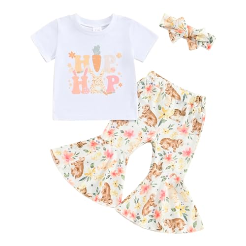 KOSUSANILL Easter Outfit Baby Girl Short Sleeve Crewneck Bunny/Carrot Tshirt Top Rabbit Flower Flared Pants with Headband 0-4T (White, 2-3 Years)